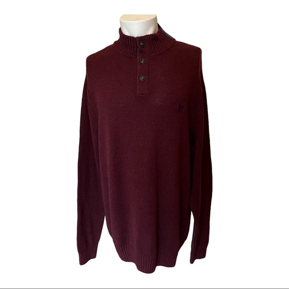 NWT Chaps Mock Neck Sweater Mens XL Maroon Elbow Patch 3-Button Long Sleeve - Picture 1 of 8